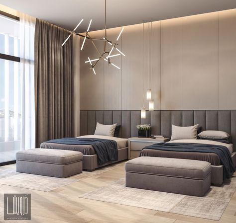 Twin Bedroom on Behance Twin Bedroom Design, Twin Bedroom Decor, Twin Beds Guest Room, Apartemen Studio, Casa Country, Modern Luxury Bedroom, Modern Bedroom Interior, Hotel Room Design, Twin Bedroom