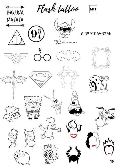 Cute Tattoo Outline Drawing, Flash Art Tattoo Ideas Cute, Small Tattoos Cartoon, Anime Outline Tattoo, Mini Tattoo Stencil, Funny Tattoo Stencils, Easy Line Tattoos For Beginners, Disney Outline Tattoo, Disney Small Tattoo