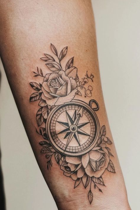 Compass tattoo with roses and leaves on forearm. Travel Tattoo Sleeve Women, Map And Compass Tattoo Design, Compass Wrist Tattoo, Floral Compass Tattoo, Unique Tattoo Ideas For Women, A Compass Tattoo, Compass Tattoo Feminine, Compass Tattoo Ideas, Small Compass Tattoo