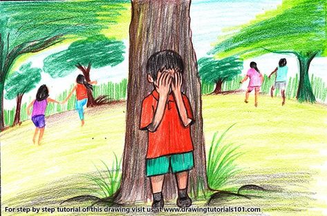 Kids Playing Hide and Seek Game Hide And Seek Drawing, Figures Drawing, Hindi Rhymes, Childhood Photography, Sun Drawing, Saree Painting Designs, Easy Mandala, Exam Quotes, Easy Mandala Drawing