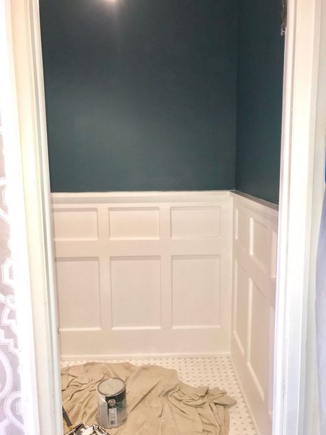 Hallway: newburg green Powder Room Before And After, Powder Room Molding, Powder Room Paint Ideas, Powder Room Colors, Newburg Green, Green Powder Room, Blue Powder Room, Benjamin Moore Bathroom, Powder Room Paint