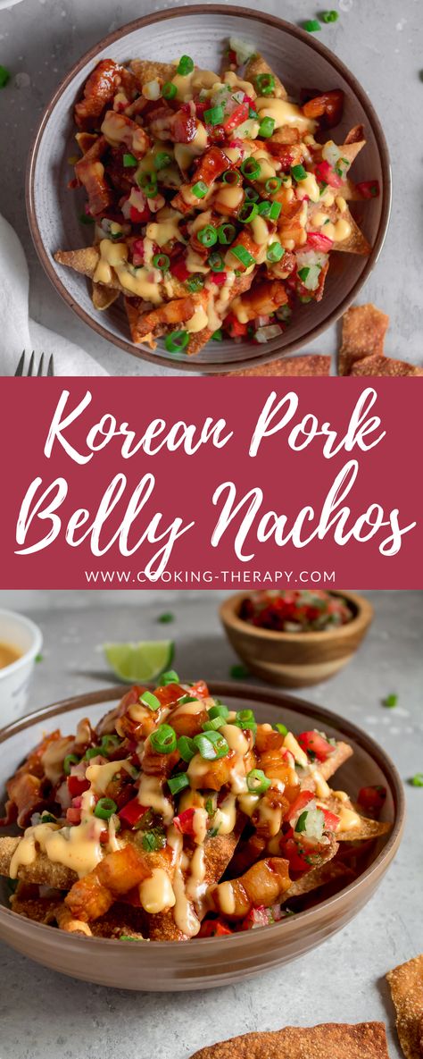 Korean Bbq Pork Tacos, Korean Nachos Recipe, Pork Belly Nachos, Pork Belly Appetizer Recipes, Korean Mexican Fusion Recipes, Korean Nachos, Korean Pork Belly Recipes, Pork Belly Appetizer, Asian Nachos