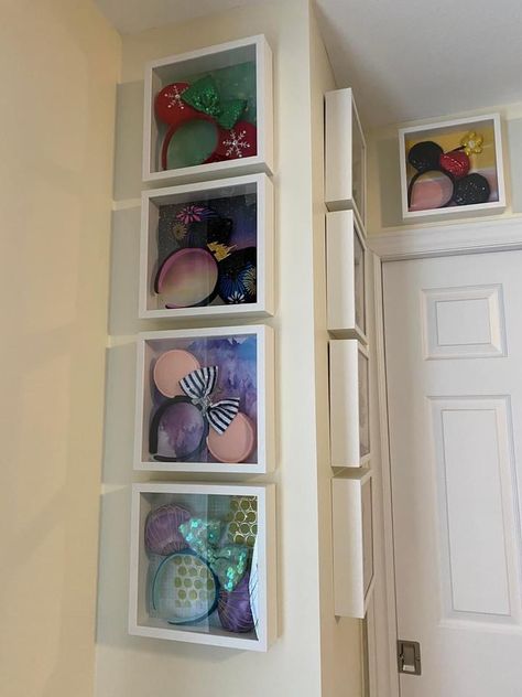 Disney Ear Storage Ideas, Mouse Ear Storage, Displaying Mickey Ears On Wall, Mickey Ear Display, Shadow Box For Mickey Ears, Ear Display, Diy Disney Ears, Diy Disney, Disney Ears