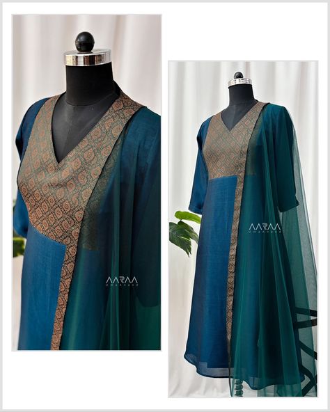 Peacock blue tussar georgette A line kurti with brocade highneck yoke and net dupatta in bottle green with brocade border. For orders & queries , kindly whatsapp 9994467340/ Inbox. #aarraabyumaanand #designerkurtis #ethnickurtis #diwali2024 #diwalicollection #coimbatoreboutique #chennaishopping #hyderabadshopping #designerboutique #alinekurtis #organzakurtis [kurtis, designer Kurtis, ethnic kurtis, latest collection, unique kurtis, kurti trend] A Line Kurti Designs Latest, Georgette Kurta Designs, Latest Dupatta Designs, A Line Kurti Designs, A Line Kurti, Dress Book, Kurti Designs Latest, Kurta Neck Design, Designer Kurtis