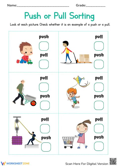 Push the boredom away and pull your interest in science with this worksheet right now! You also can play interactive at our website. Let's check it out! #pushpullworksheet #pushandpull #pushorpull #science #worksheets #forces #push #pull #printables #kidsactivities #interactive #pushandpullforcesworksheet #scienceactivities #pushandpullactivities #choosing #identifying Push And Pull, Push And Pull Worksheets Kindergarten Free, Push And Pull Worksheets, Push And Pull Worksheets Grade 3, Push And Pull Activities, Push And Pull Activities 2nd Grade, Push And Pull Kindergarten, Push Pull Kindergarten Force And Motion, Body Preschool