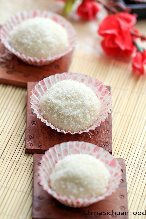 Good Luck Foods for Chinese New Year! • Hip Foodie Mom Sticky Rice Balls, Dessert Coconut, Sticky Rice Cakes, Chinese Desserts, Sticky Rice Cake, Coconut Powder, Rice Coconut, Sweet Sticky Rice, Sichuan Food