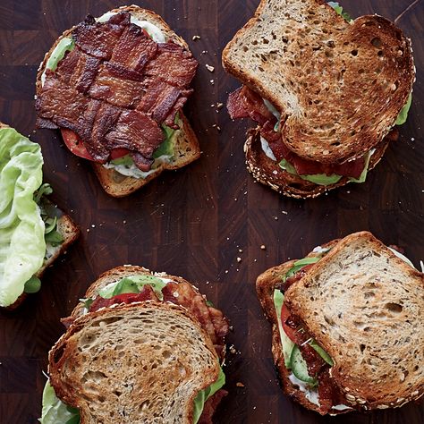 This amazing BLT has bacon in every bite thanks to the smart trick of weaving the strips into a lattice. Herb Mayo, Bacon Lattice, Blt Bites, Bacon Weave, Blt Recipes, Bacon Food, Blt Sandwich, Alfalfa Sprouts, Baked Bacon