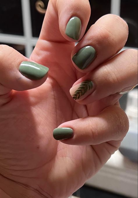 Sage green sns with fern accent manicure. Green Accent Nail Designs, Olive Wedding Nails, Sage Gel Nail Designs, Bridesmaid Nails Eucalyptus, Sage Green Manicure Ideas, Green Gel Manicure Ideas, Simple Olive Green Nails, Olive Green Bridesmaid Nails, Sage Green Shellac Nails