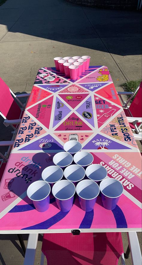 Barbie Beer Pong Table, Beer Pong Table Painted Pink, Ping Table Painted College, Pink Beer Pong, Trippy Beer Pong Table, 18th Dress, Beerpong Table, Custom Beer Pong Tables, Beer Pong Table Designs