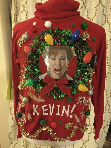 Home Alone Kevin, Homemade Ugly Christmas Sweater, Ugly Christmas Sweater Diy Funny, Ugly Christmas Sweater Diy, Christmas Sweater Diy, Ugly Christmas Sweater Outfit, Christmas Sweater Outfit, Sweater Party Ideas, Diy Christmas Sweater