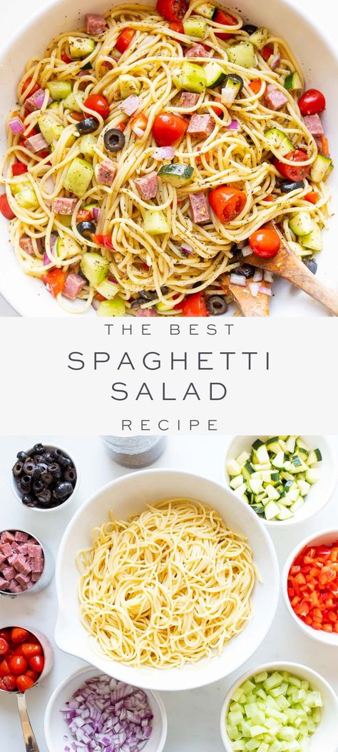 Spagetti Salad Recipes, Recipes Pasta Salad, Cold Spaghetti Salad, Spaghetti Pasta Salad, Unique Pasta, Healthy Pasta Salad Recipes, Summer Pasta Salad Recipes, Crunchy Vegetables, Salad Cucumber