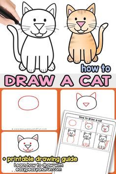 How to Draw a Cat Step by Step Tutorial. With these simple drawing instructions you will be finishing up your cute cartoon cat drawing in no time. Grab the cat directed drawing printable guide and draw anywhere you go. Perfect for classroom art lessons as it's suitable for kids as well as grown ups. Cat Step By Step, Cartoon Cat Drawing, Draw A Cat, Drawing Printable, Cute Cartoon Cat, Cat Printable, Cat Steps, Directed Drawing, Cute Cat Drawing