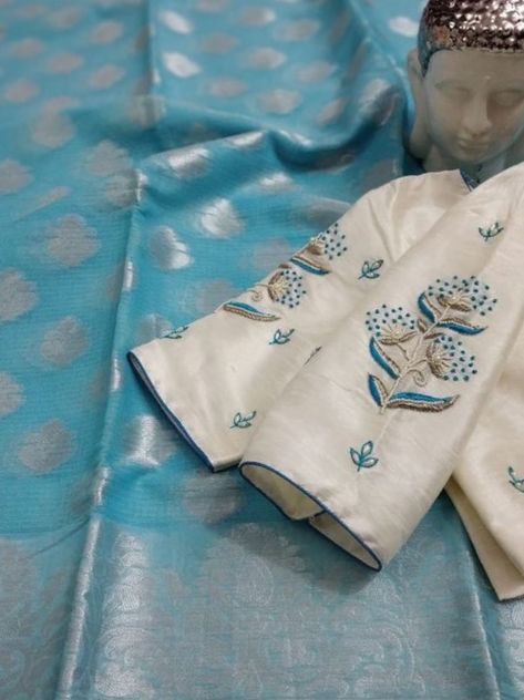 Sky Blue Saree With White Blouse, Cream Blouses, Latest Blouse Patterns, Tandoori Recipes, Sky Blue Saree, Choli Blouse Design, Magam Work, Embroidered Blouses, Blouse Works