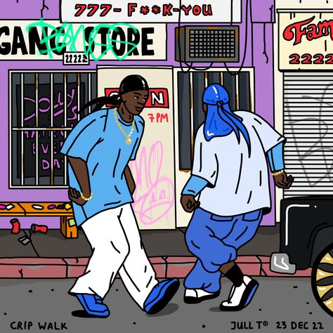 The Crip Walk, also known as the C-Walk, is a dance move that was created in the 1970s by first generation Crip member Robert "Sugar Bear" Jackson, and has since spread worldwide. The dance is primarily an act of performing quick and intricate footwork. Crip Gang Graffiti, Gangsta Illustration, Hip Hop Graphic Design, Crip Walk, Hiphop Illustration, Crip Gang, Clown Walk, Hip Hop Illustration, Gangsta Walking