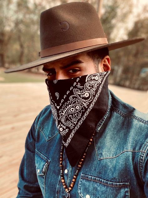 Styled by me: @TheOrlyChoice Modern Western Fashion Bandana Americana Outfit Denim Cowboy Mexican Bandana Outfit, Cowboy Bandana Outfit, Cowboy With Bandana, Bandanna Outfits, Explorer Archetype, Mens Bandana, Outfit Bandana, Modern Western Fashion, Denim Bandana