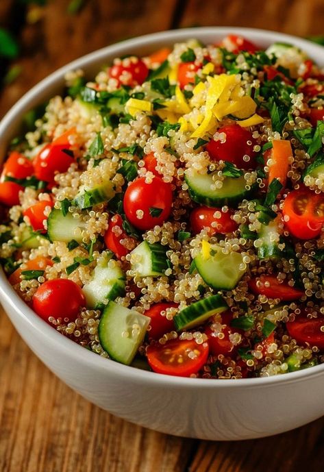 Join me in creating a vibrant Wholesome Vegan Quinoa Salad that bursts with fresh flavors! This colorful dish combines fluffy quinoa, juicy cherry tomatoes, crunchy cucumbers, and fragrant herbs, all drizzled with a zesty lemon dressing. Perfect as a side or a light main meal, it's not only delicious but also packed with nutrients! Try this refreshing recipe for a healthy boost in your day. Rotini Pasta Salad, Fluffy Quinoa, Pork Chop Recipes Grilled, Vegan Quinoa Salad, Quinoa Salad Recipe, Vegan Quinoa, Colorful Dishes, Quinoa Salad Recipes, Grilled Pork Chops