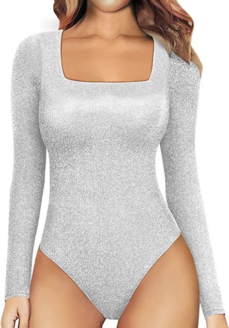 Shimmer Stretch Bodysuit For Party, Fitted Silver Bodysuit For Party, Sparkle Long Sleeve Top, Silver Sequin Bodysuit, Glamorous Long Sleeve Sequined Bodysuit, Silver Shiny Party Bodysuit, Shiny Bodysuit, Sparkle Jumpsuit, Full Swimsuit