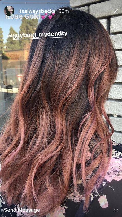 Rose Gold Brown Hair, Rose Gold Hair Balayage, Assymetrical Hair, Balayage Hair Rose, Rose Gold Hair Brunette, Dark Brown Hair Balayage, Gold Balayage, Rose Gold Balayage, Hair Color Plum