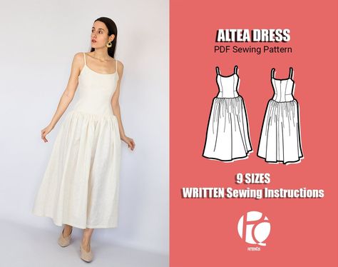 Mediterranean Wedding Midi Dress Sewing Pattern - PDF - 9 Sizes Tube Dress Pattern Sewing, Dropwaist Dress Pattern, Spaghetti Strap Dress Pattern, Midi Dress Sewing Pattern, Drop Waist Dress Pattern, Wedding Dress Sewing Pattern, Andrea Lopez, Basic Midi Dress, Wedding Midi Dress