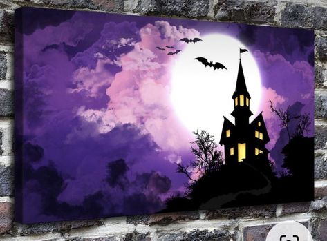 Halloween Pictures To Paint On Canvas, Halloween Wall Painting, Halloween Night Painting, Halloween Painting Inspiration, Fall Halloween Paintings, Halloween Art Ideas Painting, Halloween Inspired Paintings, Spooky Art Paintings, Halloween Oil Painting