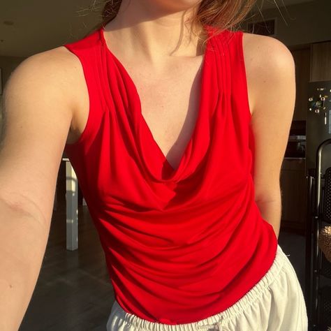 Calvin Klein red tank top cowl neckline Casual Business Attire, Red Tank Top, Draped Neckline, Calvin Klein Red, Red Tank Tops, Red Tank, Cowl Neck Top, Cowl Neckline, Business Attire