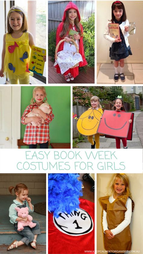 Easy Book Week Costumes For Girls | Keep Calm Get Organised Girl Book Characters, Easy Book Character Costumes, Childrens Book Character Costumes, Character Costume Ideas, Easy Book Week Costumes, Book Character Costume, Character Day Ideas, Kids Book Character Costumes, Book Week Costumes