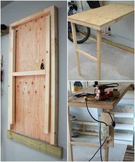 DIY fold-up work table for the garage with power switch Turtles and Tails Murphy Table, Craft Table Diy, Diy Water Fountain, Table Diy, Wall Table, Diy Desk, Household Furniture, Diy Garage, Craft Table