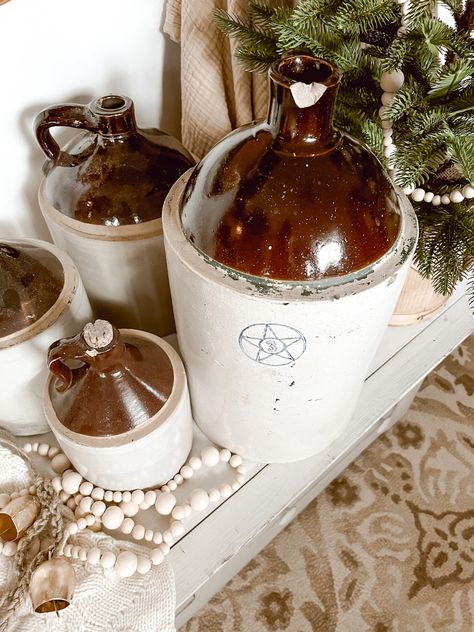 How To Decorate With Crocks, Large Crock Decorating Ideas, Antique Crocks Decor Ideas, Crock Decorating Ideas, Decorating With Crocks, Large Crock, How To Make Whiskey, Jug Decor, Antique Stoneware Crocks