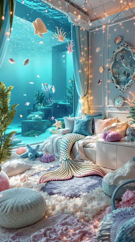 Boho Bedroom Ideas for Kids Under The Sea Bedroom Kids, Kids Ocean Bedroom, Boho Mermaid Bedroom, Ocean Bedroom Kids, Cool Rooms For Kids, Sea Bedroom Ideas, Dragon Bed, Ocean Room Ideas, Mermaid Theme Room