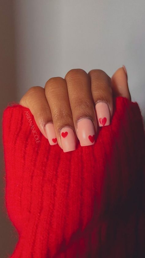 Short square pink nails with red heart Pink Nails Red Heart, Valentine's Day Nail Designs Red, Valentine's Day Nail Designs Short, Pink Nails Valentine's Day, Valentine's Day Nails Pink, Nail Designs Short Nails, Nails Red Heart, Nails Design Short, Nail Designs Red