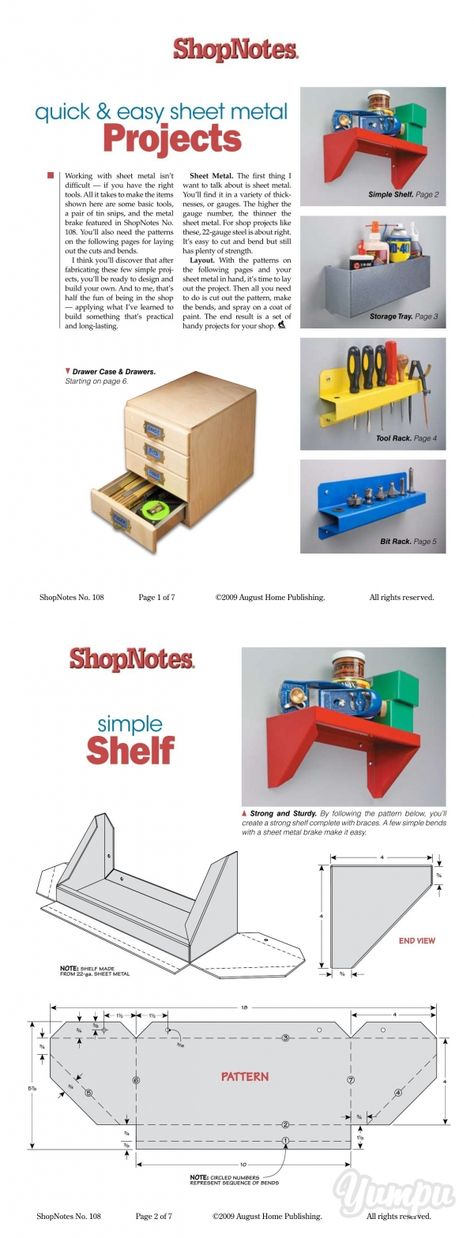 Quick & Easy Sheet Metal Projects - ShopNotes - Magazine with 7 pages: Quick & Easy Sheet Metal Projects - ShopNotes Small Sheet Metal Projects, Aluminum Sheet Metal Projects, Sheet Metal Shelf, Sheet Metal Projects Ideas, Sheet Metal Furniture, Sheet Metal Projects, Beginner Welding Projects, Beginner Welding Projects Ideas, Beginner Welding