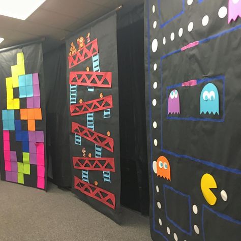 What better way to welcome your students than these ideas for bright classroom doors. (They make great bulletin boards, too!) Arcade Theme, Arcade Party, 80s Party Decorations, Library Signage, 80s Birthday Parties, Math Night, Lego Theme, 90s Theme Party, Fortnite Party