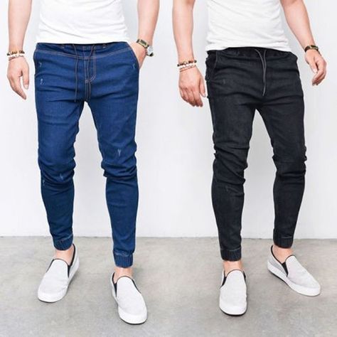 Hip Hop Joggers, Drawstring Jeans, Hip Hop Jeans, Ripped Jeans Men, Streetwear Jeans, Denim Joggers, Jeans Material, Pencil Pants, Jogger Jeans