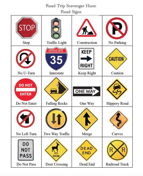 Traffic Signs Printables Free, Traffic Signs For Kids Activities, Road Signs Printable, Traffic Signs And Meanings, Driving Notes, Road Sign Scavenger Hunt, Drivers Training, Drivers Permit Test, Dmv Driving Test