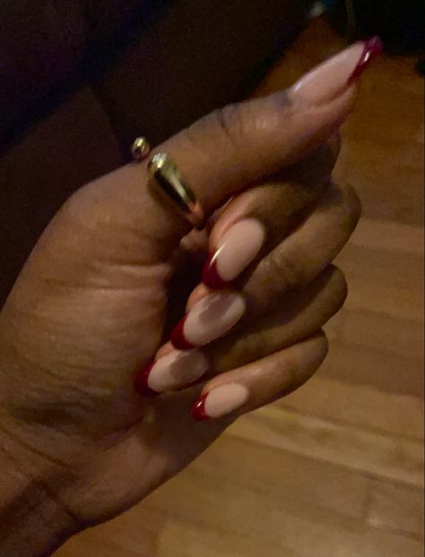 oval shape red french tips with a beige colored base Almond Coloured Tip Nails, Fall Nail Designs Oval, Oval Nails Red French, Red French Tip Black Women, Dark Red Oval Acrylic Nails, Acrylic Nails Colour Ideas, Wide Almond Nails, Cherry Mocha French Tip Nails, Red Wine French Tip Nails