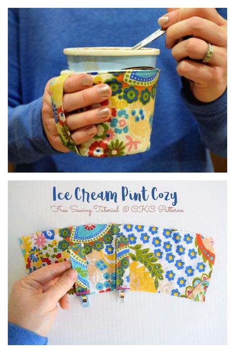 Pint Ice Cream Cozy Free Sewing Patterns | Fabric Art DIY Sewing Ice Cream Cozy, Fabric Ice Cream Cozy, Ice Cream Pint Koozie Pattern, Pint Ice Cream Cozy Sewing Pattern, Ice Cream Pint Cozy Pattern Free, Ice Cream Koozie Pattern, Drink Cozy Sewing Pattern, Ice Cream Cozy Pattern Free, Ice Cream Pint Cozy Patterns