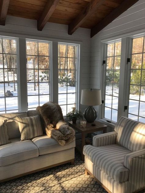 Sunroom Addition Off Kitchen Cozy, All Season Room Addition Farmhouse, 4 Season Porch Ideas Farmhouse, Four Season Sunroom Farmhouse, New England Sunroom, 4 Season Sunroom Ideas Farmhouse, Craftsman Sunroom Ideas, Living Room And Sunroom Combo, Sunroom Living Room Ideas