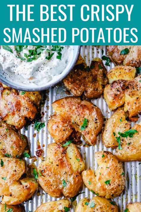 Outside Appetizers, Crispy Herb Smashed Potato Salad, Smashed Potatoes Make Ahead, Easy Appetizers Potato, Air Fryer Smashed Potatoes Recipe, Oven Roasted Smashed Potatoes, Ways To Prepare Potatoes, Baby Smashed Potatoes, Smashed Potatoes With Parmesan Cheese