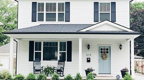 House Styles - Cape Code, Tudor, Victorian and More | Emmons White Exterior Houses, White Siding, Farmhouse Exterior Design, Black Shutters, Blue Shutters, Pintura Exterior, Exterior Paint Colors For House, Shutters Exterior, Modern Farmhouse Exterior