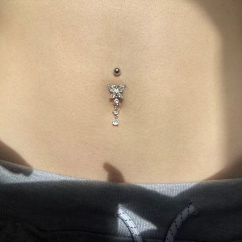 Belly Button Rings Butterfly, Belly Ring Butterfly, Piercing Ideas Belly, Percinings Ideas Belly, Belly Button Per Icing, Dangling Belly Button Piercing, Surgical Steel Belly Button Rings, Crystal Belly Button Ring, Belly Bottom Ring