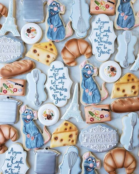 Talented Cookiers on Instagram: “Love it ! • @jessievirginia Ratatouille cookies for the most amazing birthday party yesterday. Happy Birthday, Amelia!  #decoratedcookies…” Happy Birthday Amelia, Ratatouille Birthday Party, Ratatouille Birthday, Decorated Food, Pixar Party, Ratatouille Disney, Chef Party, Realistic Cakes, Disney Cookies