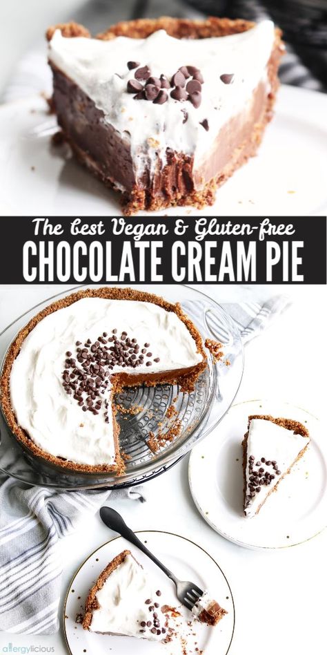 Creamy and silky, this Vegan Chocolate Dream Pie is a chocolate lovers dream! Made with an easy homemade pudding layered inside a cookie crust and topped with sweetened coco whip and chocolate chips. This Chocolate Cream Pie is PERFECT in so many ways. #chocolatepie #chocolatecream #veganchocolate #glutenfreecreampie #dairyfreecreampie #nutfreecreampie Dream Pie, Vegan Pies Recipes, Chocolate Pie With Pudding, Homemade Pudding, Chocolate Cream Pie, Vegan And Gluten Free, Dairy Free Dessert, Cookie Crust, Chocolate Pies