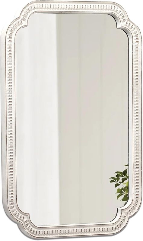 Amazon.com: Sintosin Rustic White Mirrors for Bathroom 24" X 36", Hanging Distressed Finish Carved Wood Scalloped Wall Mirror, Decorative Arched Corner Vintage Mirror, Boho Rectangular Mirrors for Entryway : Home & Kitchen White Mirrors, Mirrors For Bathroom, Wide Mirror, White Mirror, Rectangular Mirror, Vintage Mirror, Rustic White, Wall Mounted Mirror, White Bathroom