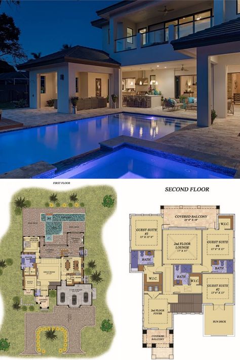 Modern Pool Design Luxury Homes, Mediterranean Style Homes Floor Plans, Summer House Plans, Modern Mediterranean House, Bloxburg Houses Ideas, Beautiful House Designs, Craftsman Home Exterior, Houses Blueprints, Luxury Mediterranean Homes