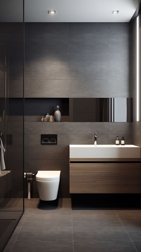 Small Modern Toilet Ideas, Modern Bathroom Dark Floor, Modern Grey Bathroom Design, Grey Toilet Design, All Grey Bathroom, Dark Gray Tile Bathroom, Small Grey Bathroom Ideas, Bathroom Interior Design Modern Grey, Hotel Bathroom Design Luxury