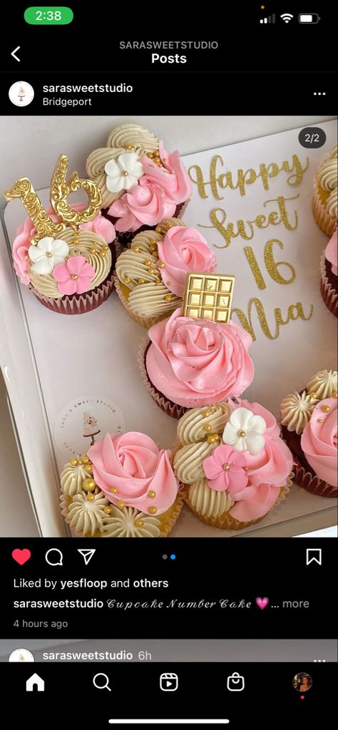 16 Cupcake Cake, Sweet Sixteen Cupcakes Ideas, Sweet 16 Cake And Cupcake Ideas, Sweet 16 Birthday Cupcakes, Number 16 Cake, Sweet 16 Number Cake, Sweet 16 Pull Apart Cupcakes, Sweet 16 Cupcakes Pink And Gold, Candy Rush