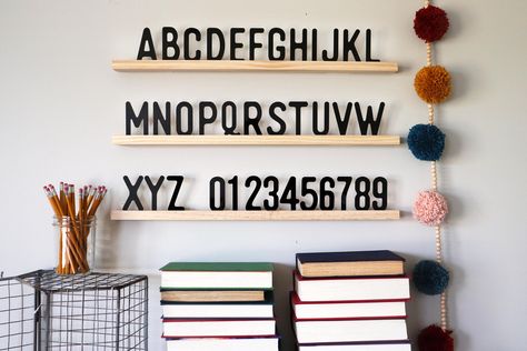 This floating letter board ledge measures 24" long or 30" long and comes as a set of 3. (all 3 will be the same length. We cannot mix and match 24" and 30" sets) Change up the saying as often as you like with our full set of 3" tall letters. Or order just the alphabet A-Z and numbers 0-9. This ledge is shown in natural finish with black letters. The letters are made of 1/8" acrylic. They are just the right size to allow little hands to move them around! The wood ledges come with keyhole slots fo Relief Society Crafts, Alphabet Sign, Homework Room, Alphabet Signs, Custom Word Art, Boys Bedroom Makeover, Homework Station, Nursery Name, Decorative Letters