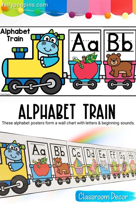 These alphabet posters can be joined together to create an alphabet train. They include uppercase letters, lowercase letters and beginning sounds pictures. I've included a primary font and each of the Australian school fonts. #classdecor #classroomdecor #homeschool #alphabetposter #alphabetchart #nswfoundation #vicmoderncursive #australianschoolfont Train Alphabet Printable, Alphabet Train Printable Free, Alphabet Wall Cards Printable Free, Printable Alphabet Letters For Wall, Alphabet Chart Preschool Classroom, Alphabet Train Printable, Twos Classroom, Classroom Management Songs, Fairy Poppins