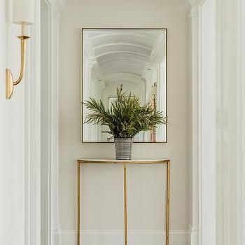 Half Moon Gold Leaf Console Table with White Marble Top Living Room Decor Cream Walls, Base Of Stairs Decor Entryway, End Of Hallway Decor, Transitional Foyer, Modern Vintage Interior Design, Downstairs Hallway, End Of Hallway, Boston Interior Design, Half Moon Table