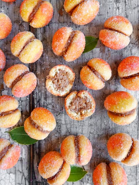 Breskvice (Peach Shaped Cookies) — Slovenian Kitchen Orange Food Coloring, Apricot Jam, Pastry Brushes, Red Food Coloring, Vanilla Essence, Cookie Crumbs, Spiced Rum, Red Food, Shaped Cookie